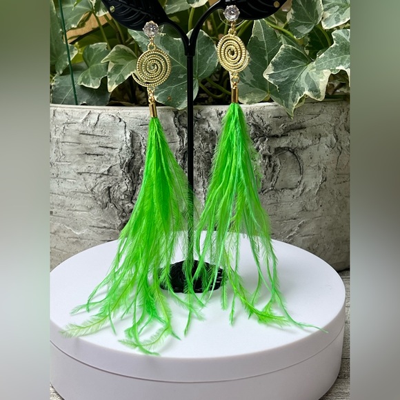 Long Dangle Green Feather Hippie Chic Earrings - Vibrant Whimsical Earrings - Picture 16 of 17